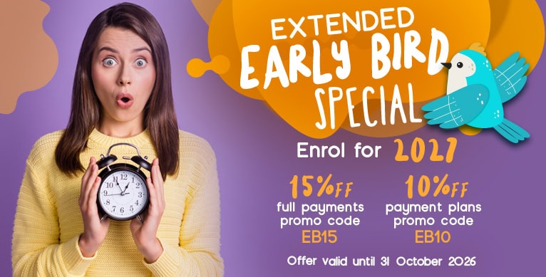 Early bird special off our award winning online school From 1 – 31 October 2026, get 15% off full payments (promo code EB15) and 10% off payment plans (promo code EB10).